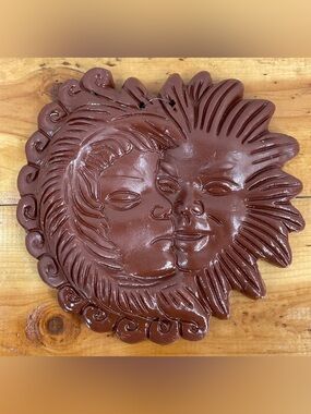 Vintage Celestial Terracotta Sun & Moon Face Wall Plaque 8” Handcrafted Boho